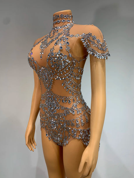 Sparkly Rhinestones Bodysuit Transparent Mesh Performance Dance Costume Stage Wear
