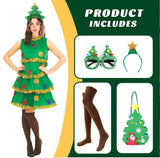 Women Christmas Tree Costume Sleeveless Cake Dress + Headband + Glasses + Long Socks + Bag