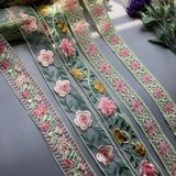 Pale Green & Pinks Embroidered Lace Ribbon DIY Crafts 1 Yard 5cm