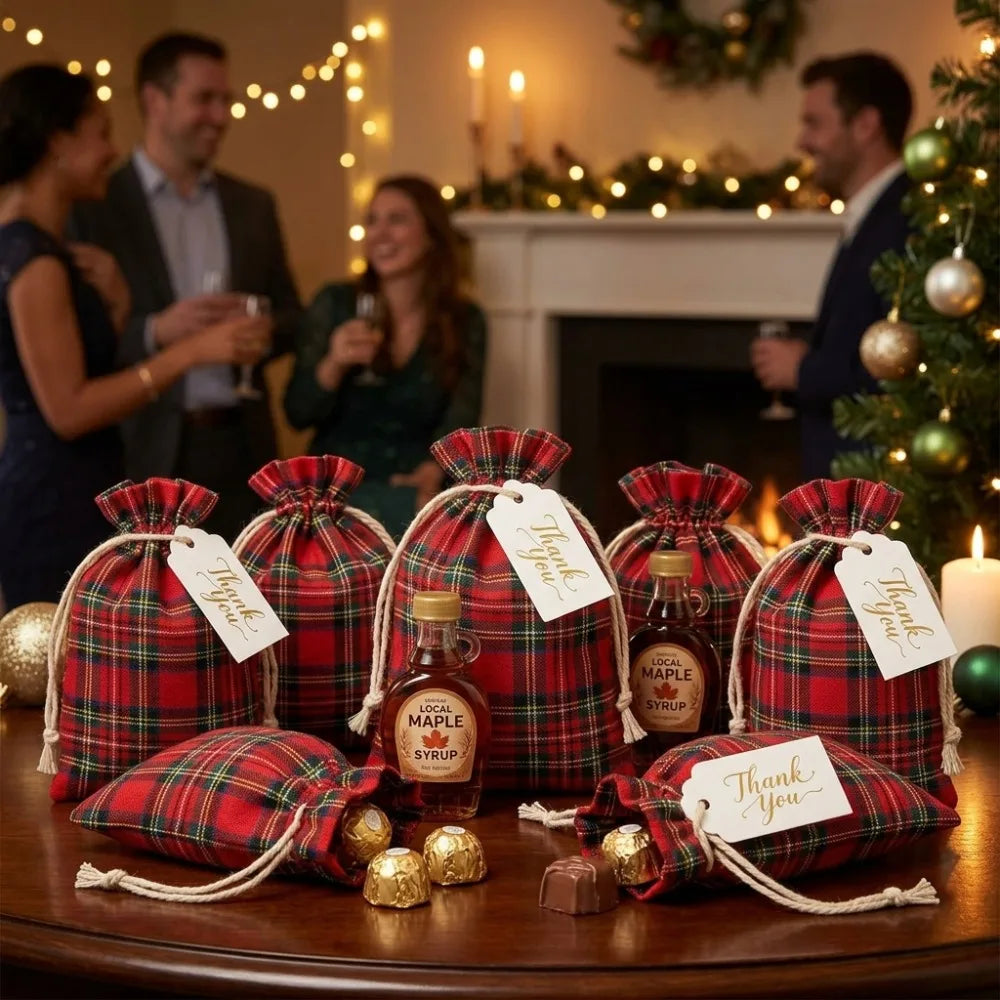 10PCS Linen Christmas Plaid Drawstring Bags Gift Pouches
