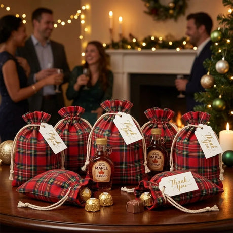 10PCS Linen Christmas Plaid Drawstring Bags Gift Pouches