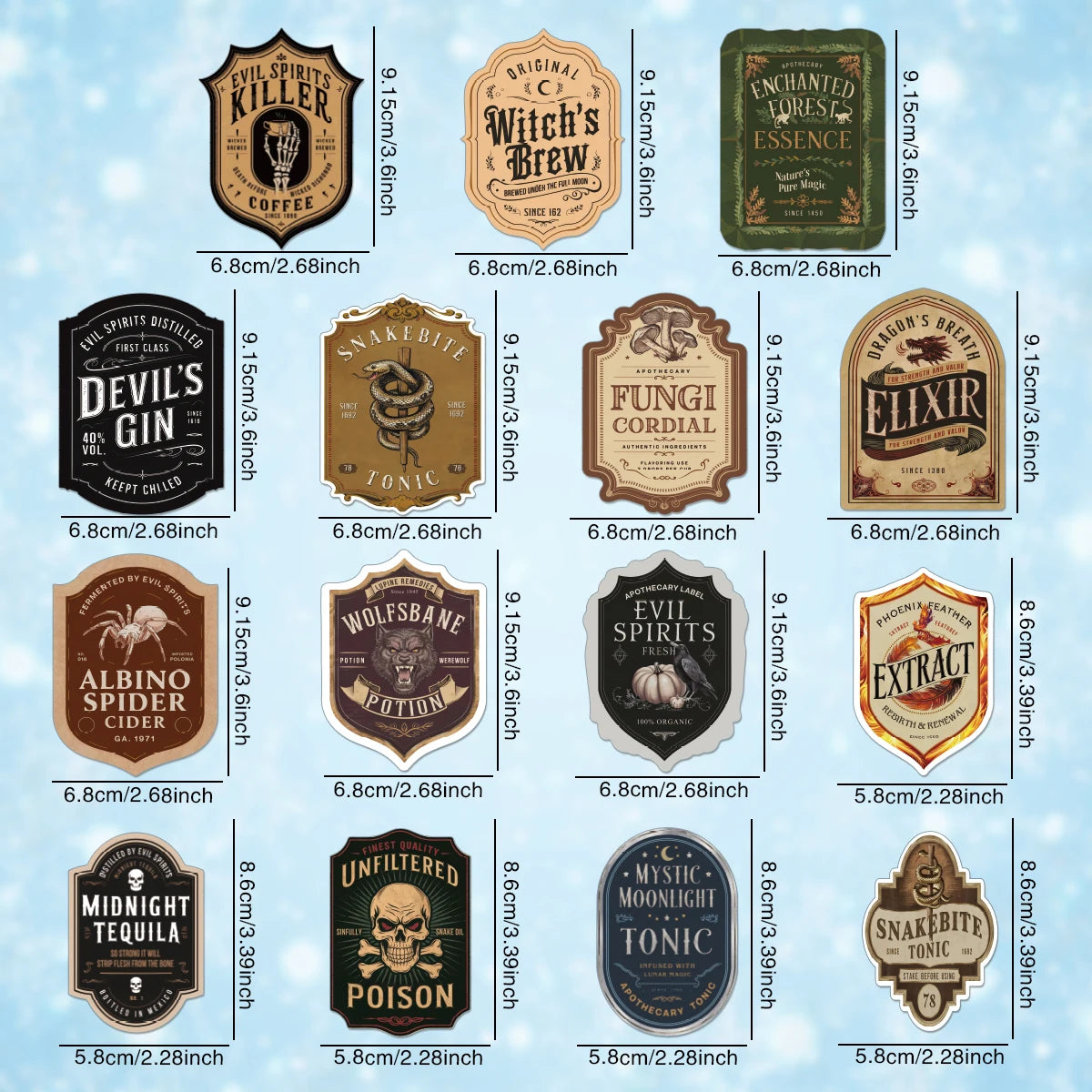 15pcs Vintage Halloween Bottle Label Stickers Apothecary Potion Props