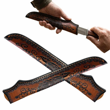 Embossed Genuine Leather Straight Knife Blade Cover Protector 300mm Sheath Scabbard
