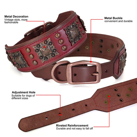 Genuine Leather Dog Collar 2inch Wide Rivet Spikes Collars for Medium Large Dogs Medieval Cosplay