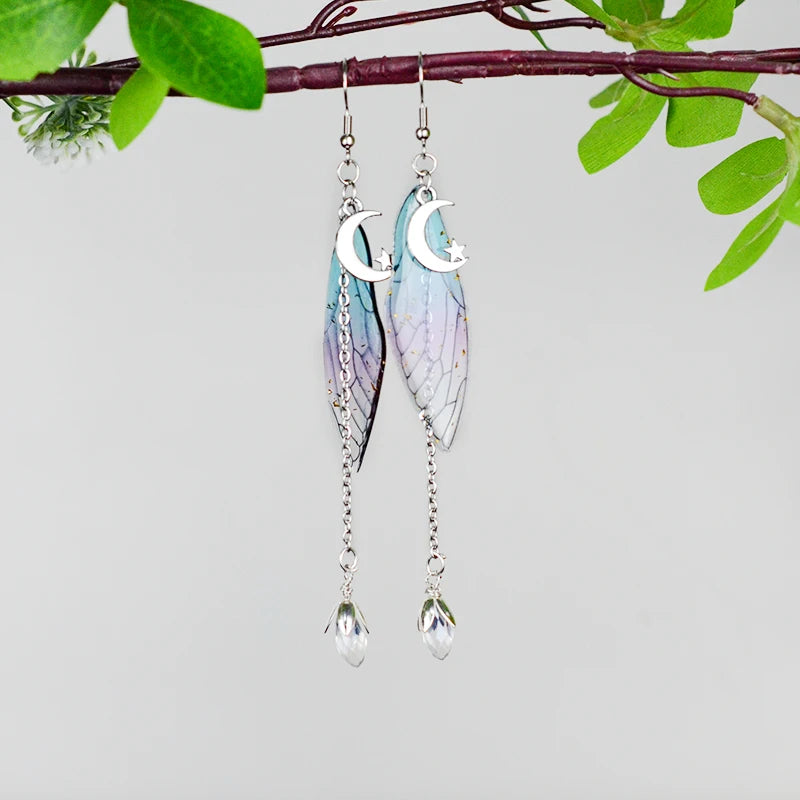 Crescent Moon Fairy Wings Crystal Quartz Dangle Earrings