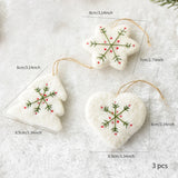 Set of Three White Christmas Handmade Embroidered Felt Mini Snowflake and Heart Christmas Tree Ornaments