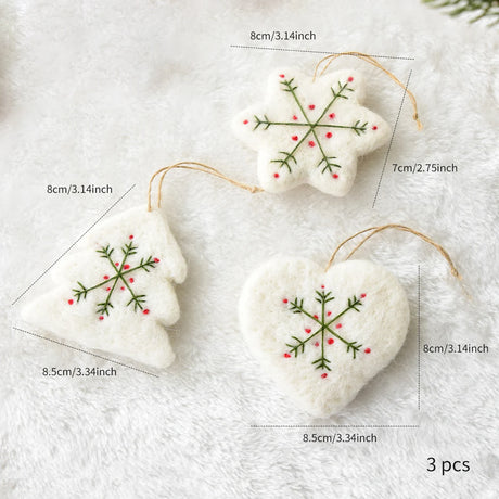 Set of Three White Christmas Handmade Embroidered Felt Mini Snowflake and Heart Christmas Tree Ornaments