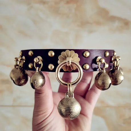 Barone Bettino's Handmade Dog Collar Brass Bells Genuine Leather