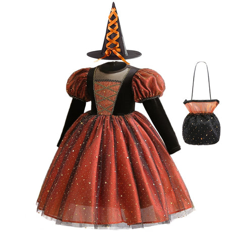 Tabitha's Halloween Witch Girls Orange Costume and Accessories