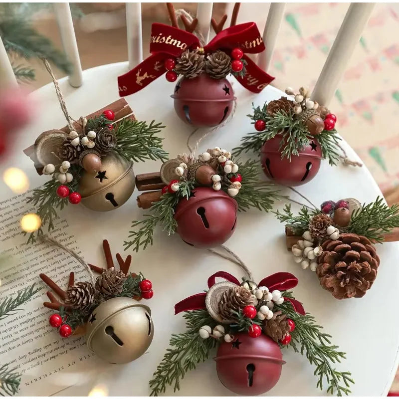 Christmas Bell Antlers Bow Pinecone Bell Christmas Hanging Decoration
