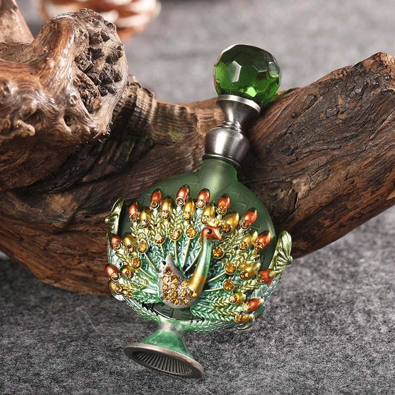 7ml Peacock Refillable Empty Perfume Bottle Metal Enamel Emerald Green Glass Cap Dripper