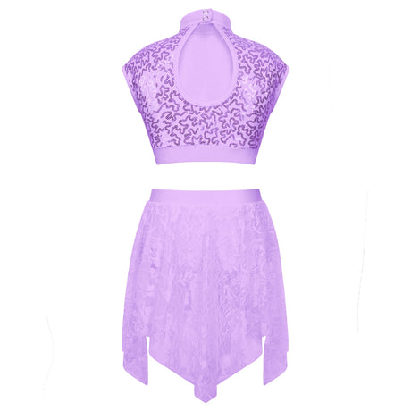 Sequins Ballet Dance Set Girls Crop Top Skirted Shorts Stage Dance Costumes