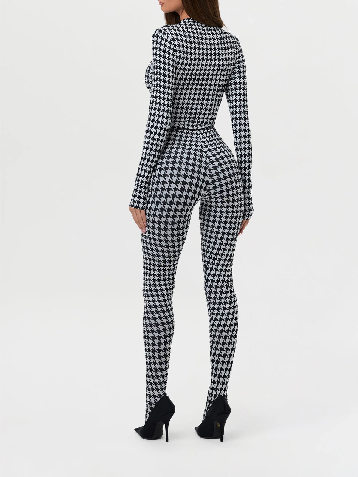 Women's Houndstooth Print High Neck Long Sleeved Top High Waist Slim Fit Jumpsuit Mid Century