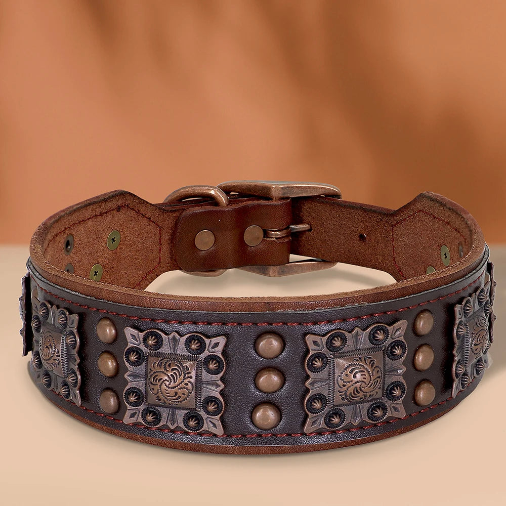 Genuine Leather Dog Collar 2inch Wide Rivet Spikes Collars for Medium Large Dogs Medieval Cosplay