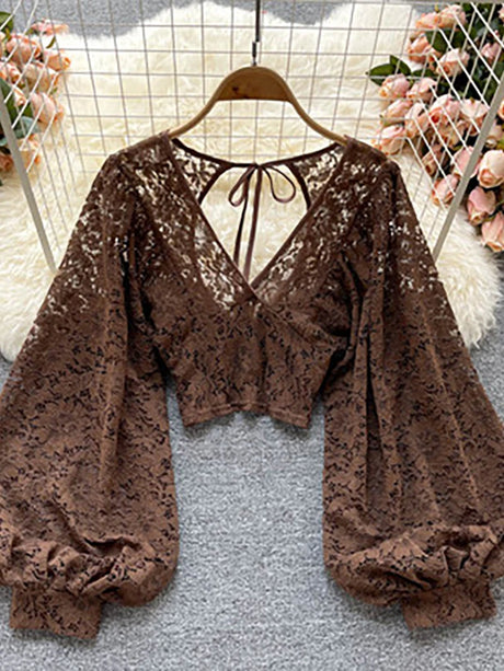 Lace Crop Top Black/White/Brown Long Lantern Sleeve