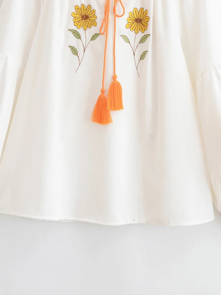 Sweet As Sunshine Vintage Sun and Floral Embroidered Linen Cotton Shirts Boho Tassel Blouse