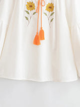 Sweet As Sunshine Vintage Sun and Floral Embroidered Linen Cotton Shirts Boho Tassel Blouse