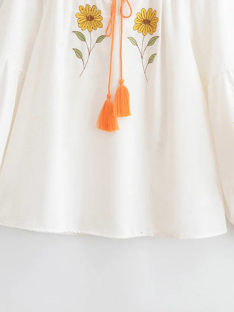 Sweet As Sunshine Vintage Sun and Floral Embroidered Linen Cotton Shirts Boho Tassel Blouse
