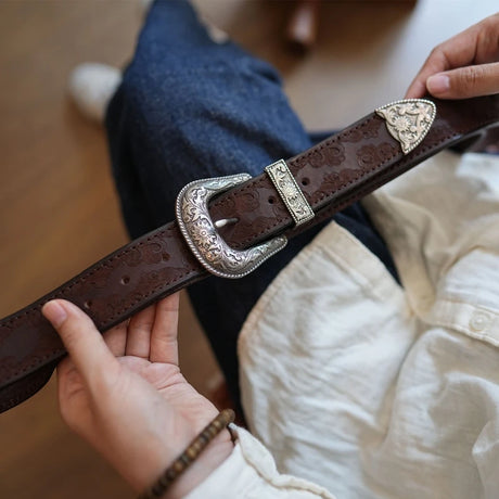 Bobby Ray's Genuine Leather Western Cowboy Court Style Embossed Steel Buckle Belt