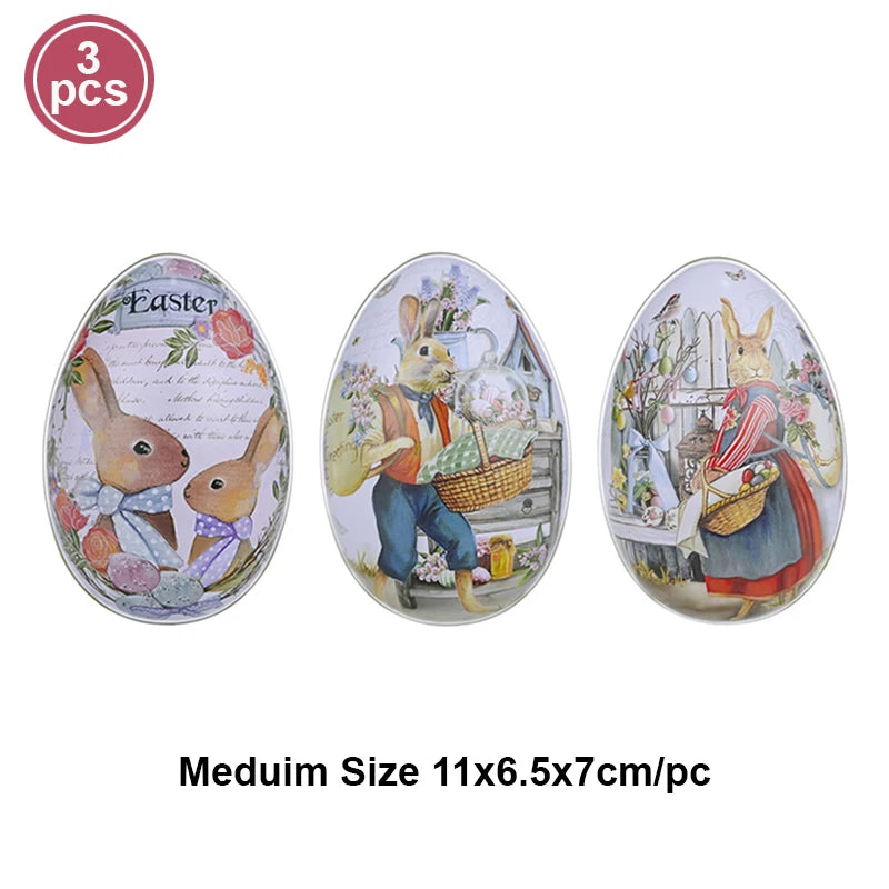 3 or 6 Large Medium Small Easter Eggs Bunny Pattern Metal Egg Shaped Candy Gift Box Easter Decoration