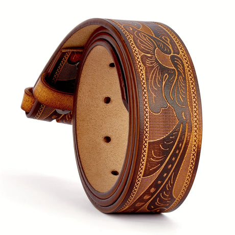 Genuine Leather Vintage Belt No Buckle Embossed Cowhide Strap Western Cowboy Belts