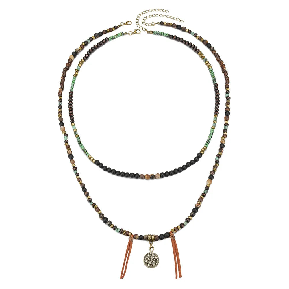 Men's Stacked African Stone Beaded Necklace Set Layered Bohemian Necklace
