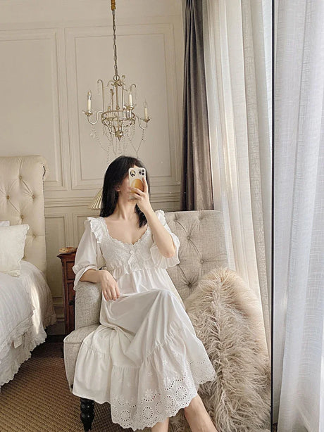 Summer Cotton Women's Sleepwear Antique French Style Lace Nightgown Nightdress