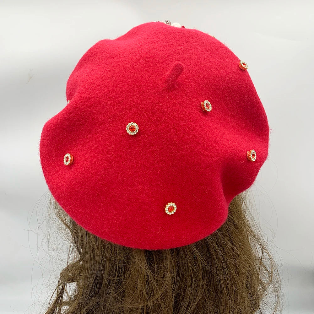 Margie's Flower Diamonte Winter Autumn Beret 10 Colours