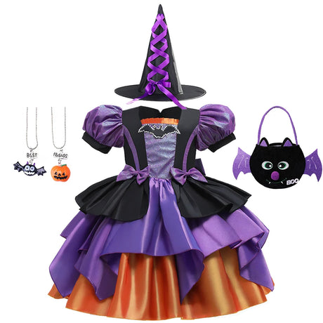 Halloween Bat Cosplay Purple Orange Witch Dress for Girls Children's Costumes