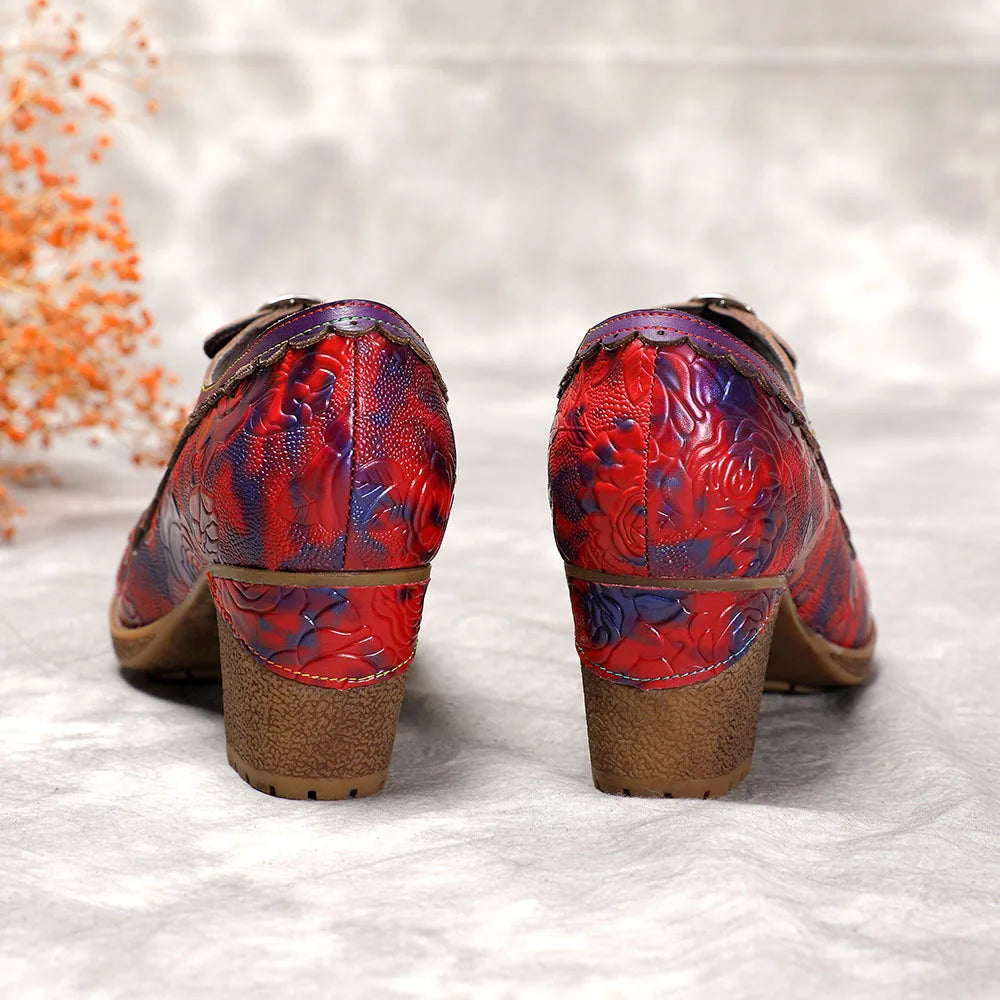 Sally's Embossed Genuine Leather Red Pump Heels Shoes