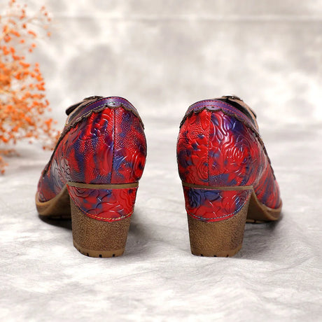 Sally's Embossed Genuine Leather Red Pump Heels Shoes