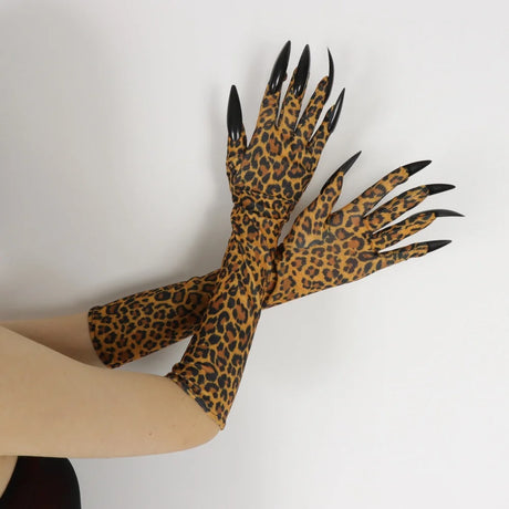 Leopard Print Long Gloves with Claws Halloween Costume Gloves