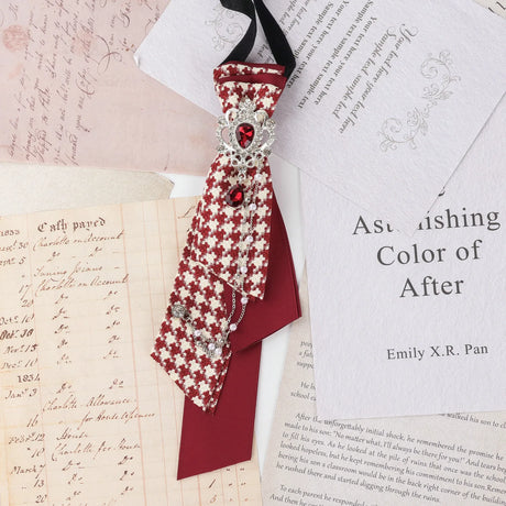 Dark Academia Jabot Plaid Short Necktie Rhinestone Brooch Pearl Chain
