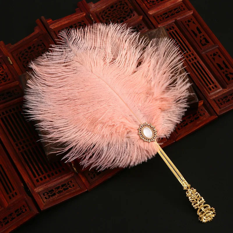Ostrich Feather Fan Round Fan with Golden Hollow Handle Court Dance Hand Fans