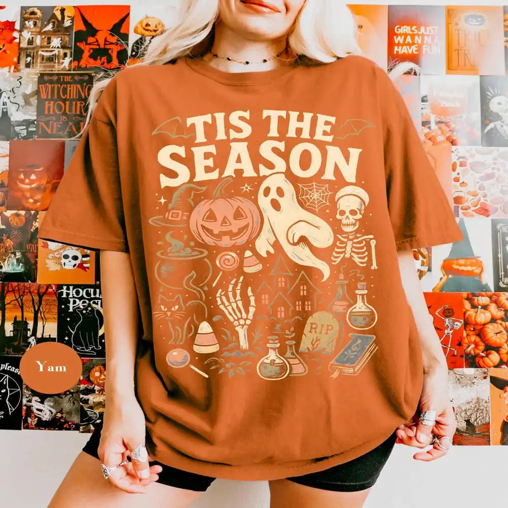 'Tis The Season Skeleton Pumpkin Ghost Halloween T-Shirt Vintage Halloween Cotton Tee