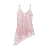 Y2k Asymmetrical Spliced Lace Satin Slip Long Camisole Top Layering Dress Side Slit Hem
