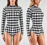Black White Argyle Print Long Sleeve Bodysuit Retro Cosplay High Neck Swimsuit Music Club Party Performance Costume