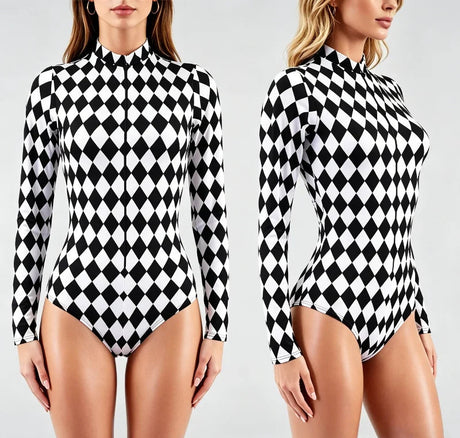 Black White Argyle Print Long Sleeve Bodysuit Retro Cosplay High Neck Swimsuit Music Club Party Performance Costume