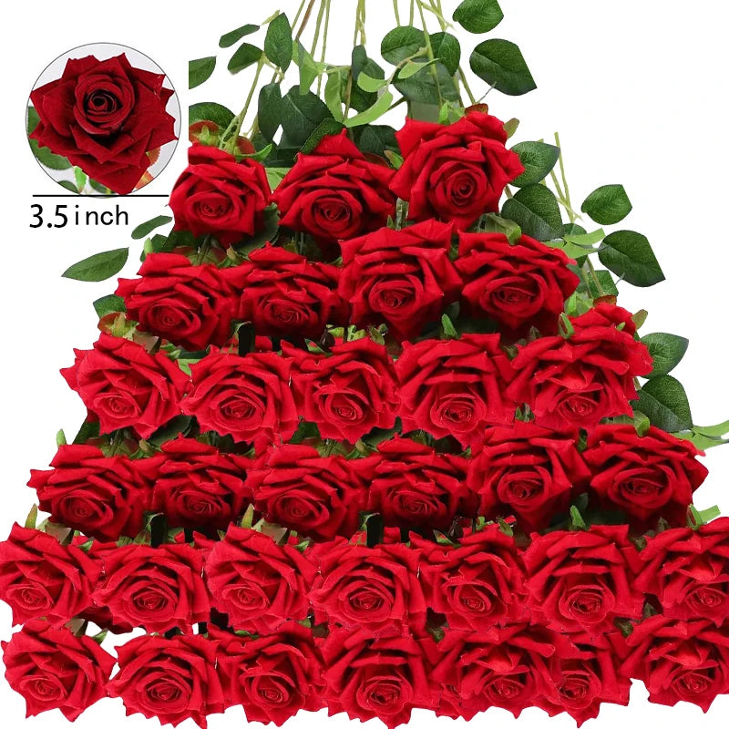 50 Pcs Velvet Roses Artificial Flowers Real Touch Fake Roses Valentine's DIY Wedding Bouquet Home Decor