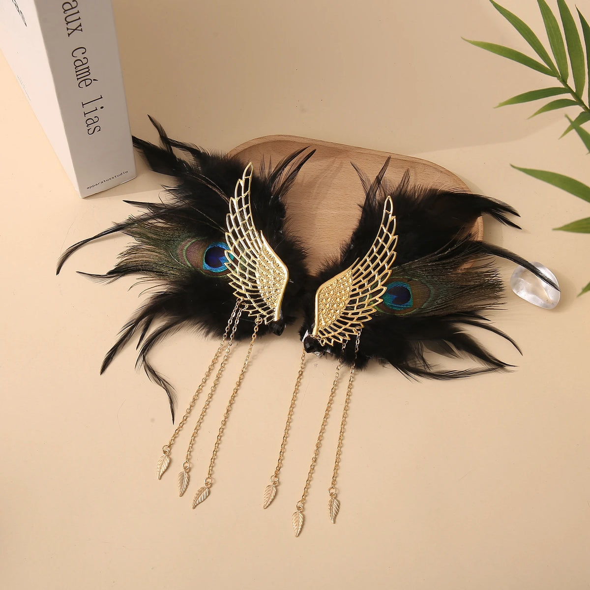 Pair of Peacock Hair Wings Hairpin Clips