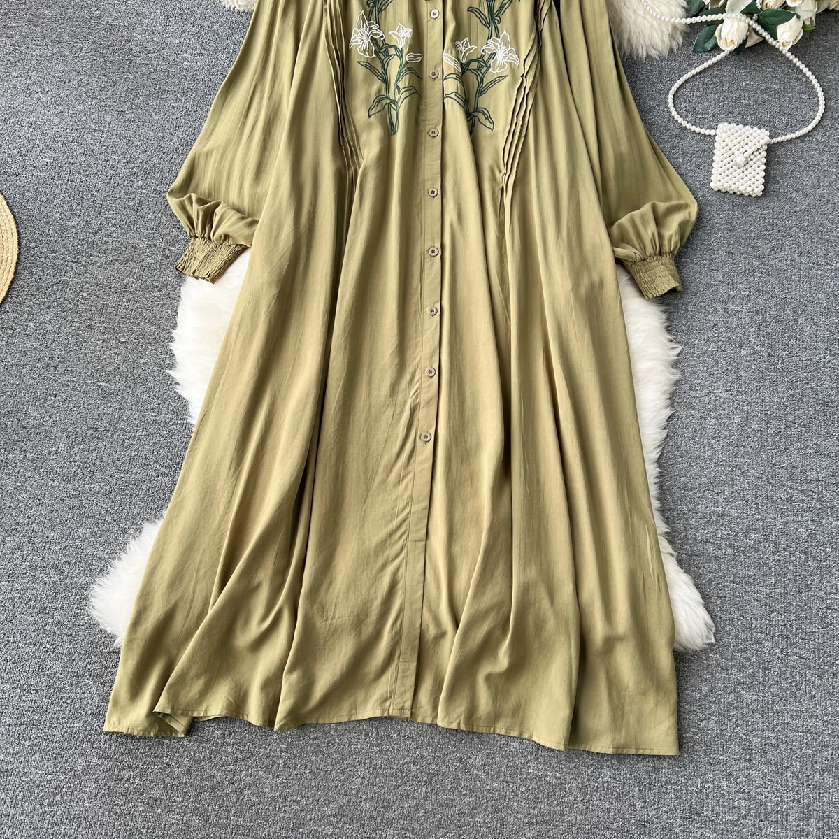 Olive's Embroidered Long Sleeve Shirt Dress