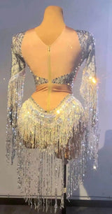 Silver Showgirl Stage Wear Rhinestone Bodysuit Costume Sequins Tassel Dance Jumpsuit Leotard