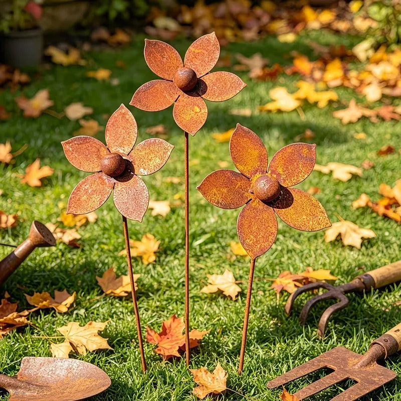 1/3pcs Rusty Metal Flower Garden Decorative Ground Stakes
