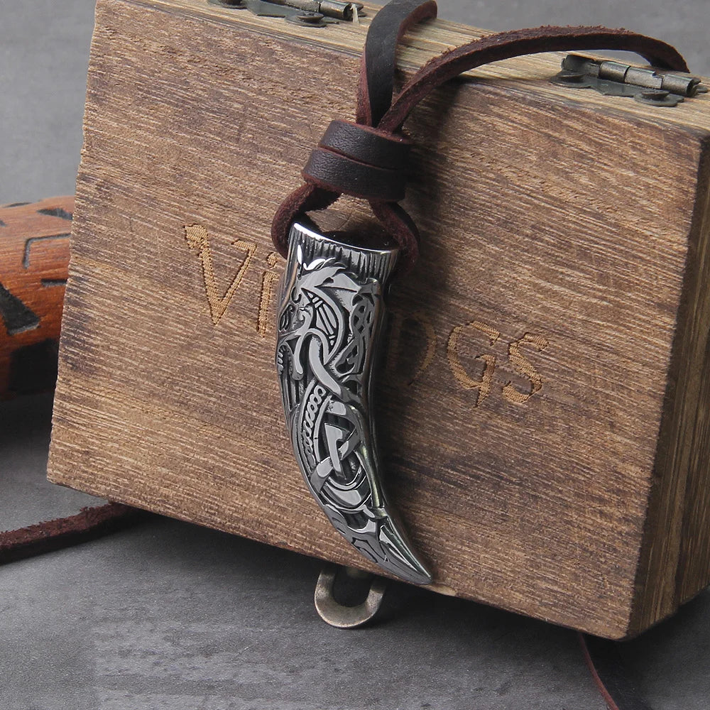 Viking Wolf Fang Stainless Steel Pendant Necklace For Men with Wooden Gift Box