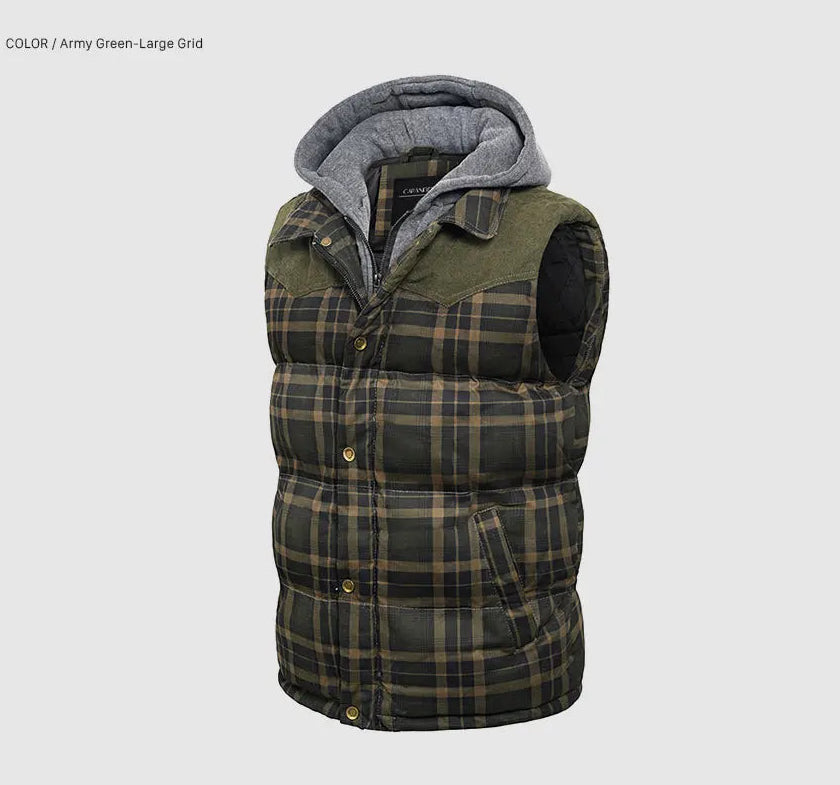 Woodsman Cotton Plaid Hooded Puffer Vest Jacket Thick Warm Winter Plaid Sleeveless Coat