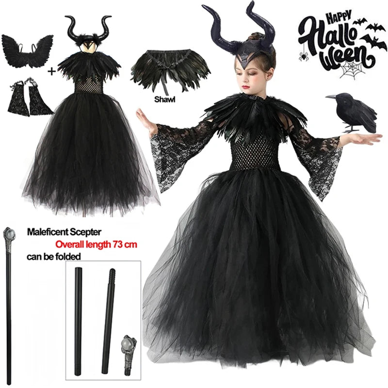 Girls Maleficent Black Tutu Halloween Costume with Feather Shawl