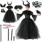 Girls Maleficent Black Tutu Halloween Costume with Feather Shawl
