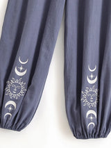 Sun Moon Embroidered Linen Cotton Baggy Pants Side Pockets Loose Yoga Wear