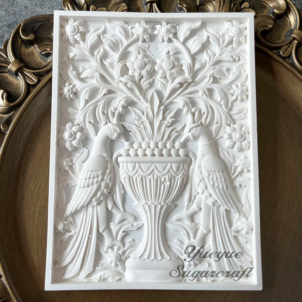 Bird Garden Relief Silicone Epoxy Resin Plaster Mould Ceramic Tile Fondant Cake Decorating Tools DIY