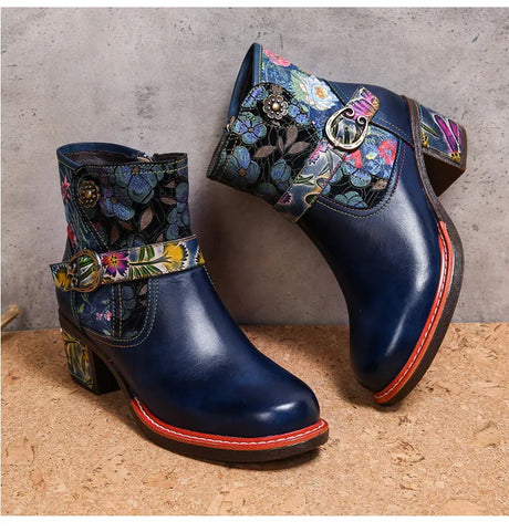 Violet's Floral Boots Genuine Leather Hand-painted Short Boots